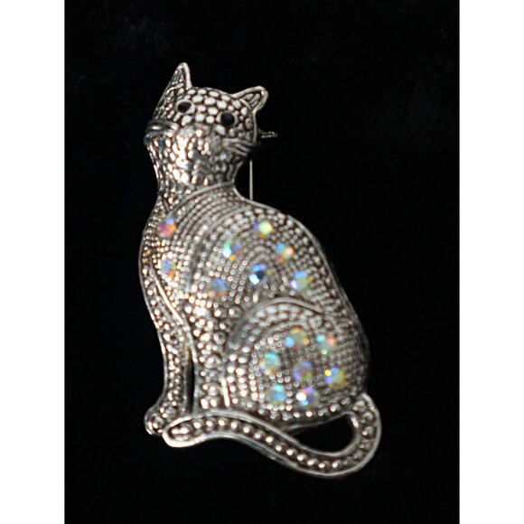 Vintage Cat Silver Tone Butler Rhinestone Brooch Pin - Picture 1 of 3